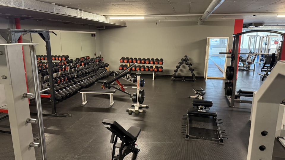 Freihantelbereich des 24Gym Thun mit Kurzhantelablage und Trainingsbänken