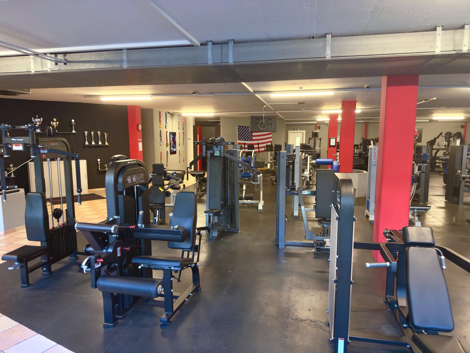 Trainingsfläche des 24Gym Thun mit Kraftgeräten, Hantelbänken und Kabelzügen